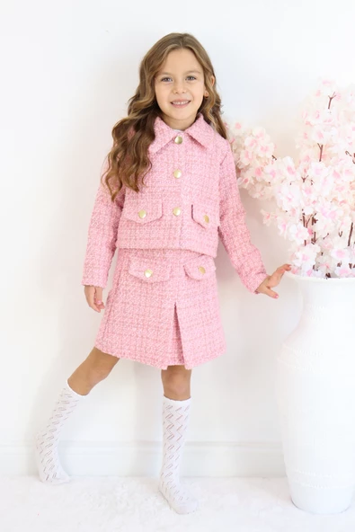 Kız Çocuk Carmen Pudra Pembe Tüvit 23 Nisan 29 Ekim Etek Ceket Yılbaşı Takım ürün görseli 1