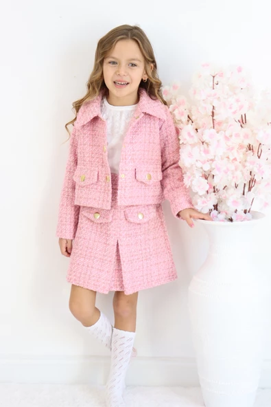 Kız Çocuk Carmen Pudra Pembe Tüvit 23 Nisan 29 Ekim Etek Ceket Yılbaşı Takım - Resim 4