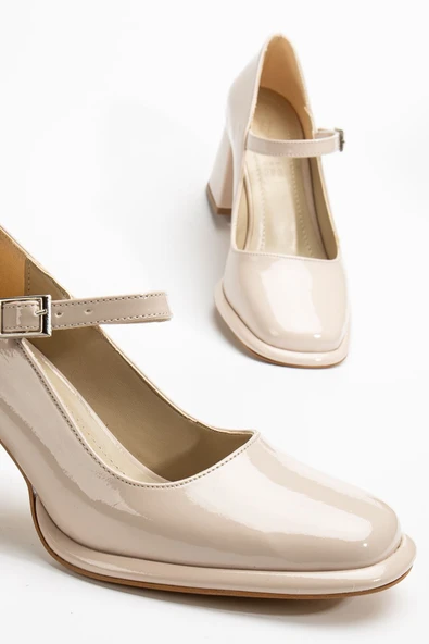 Adelin Kadın Yüksek Topuklu Bej Rugan Oxford Ayakkabı - Resim 4