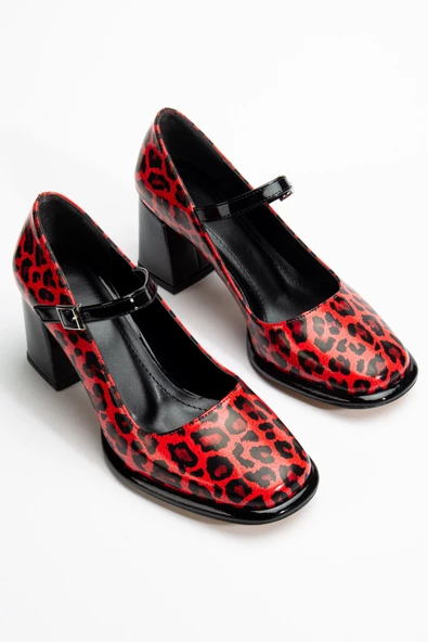 Adelin Kadın Yüksek Topuklu Kırmızı Leopar Rugan Oxford Ayakkabı - 2