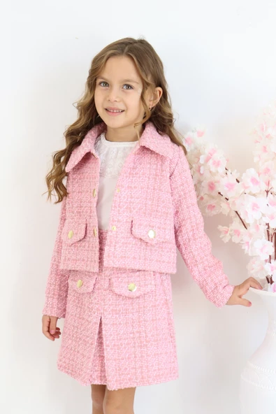 Kız Çocuk Carmen Pudra Pembe Tüvit 23 Nisan 29 Ekim Etek Ceket Yılbaşı Takım - Resim 5