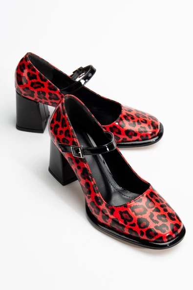Adelin Kadın Yüksek Topuklu Kırmızı Leopar Rugan Oxford Ayakkabı - 3