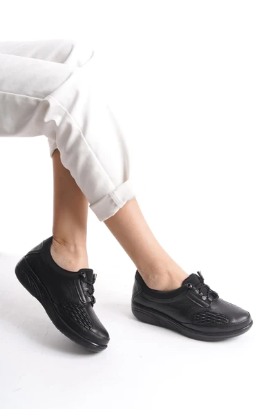 MİYA Siyah  Hakiki Deri Tam Ortopedik  Kemik Çıkıntısına UygunLastik Bağcıklı - 3