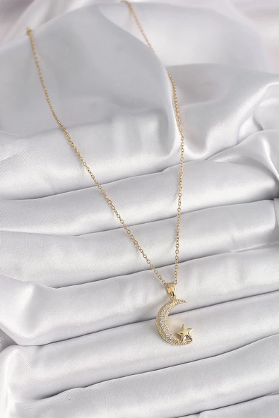 MuI MuI 316L Çelik Gold Renk Zincir Zirkon Taşlı Hilal Model Yıldız Detay Kadın Kolye - 2
