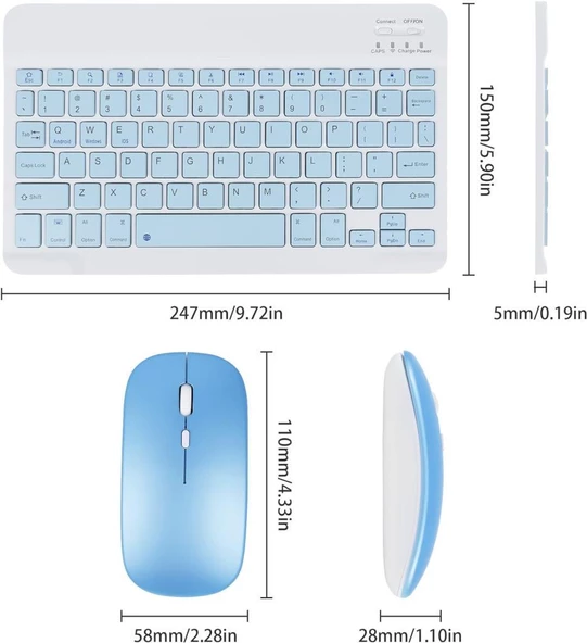 Doogee T20 Ultra 12" Uyumlu Kablosuz Bluetooth Şarj Edilebilir Klavye Mouse Seti - Mavi - Resim 7
