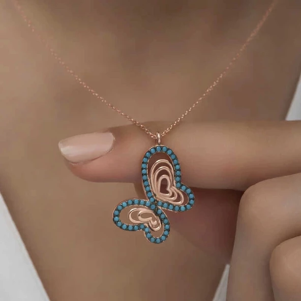 MuI MuI Gümüş Rose Turkuaz Taşlı Kelebek Kadın Kolye - 6