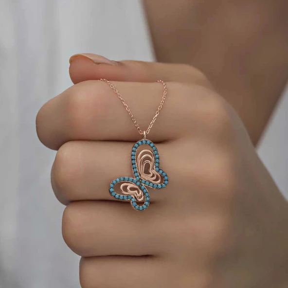 MuI MuI Gümüş Rose Turkuaz Taşlı Kelebek Kadın Kolye - 7