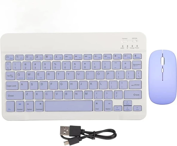 Apple iPad Mini 5 7.9" Uyumlu Kablosuz Bluetooth Şarj Edilebilir Klavye Mouse Seti - Mor - 3