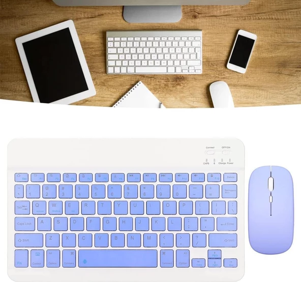Apple iPad Mini 5 7.9" Uyumlu Kablosuz Bluetooth Şarj Edilebilir Klavye Mouse Seti - Mor - 7