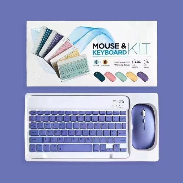 Apple iPad Mini 5 7.9" Uyumlu Kablosuz Bluetooth Şarj Edilebilir Klavye Mouse Seti - Mor - 10
