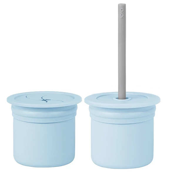 OiOi Ham+Hüp Pipetli Silikon Bardak Seti Mineral Blue / Powder Grey