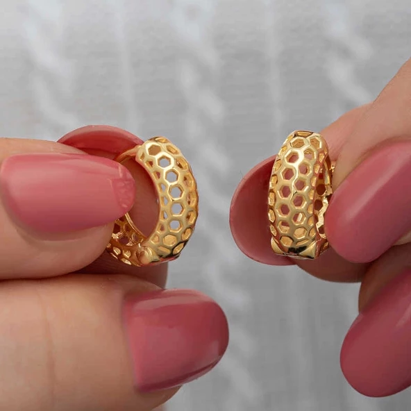 MuI MuI Gümüş Gold Petek Desenli Halka Kadın Küpe