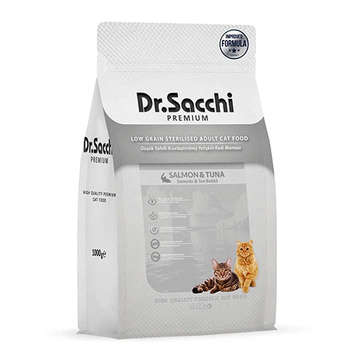 Dr.Sacchi Premium Somonlu ve Ton Balıklı Düşük Tahıllı Kısırlaştırılmış Kedi Maması 1 Kg