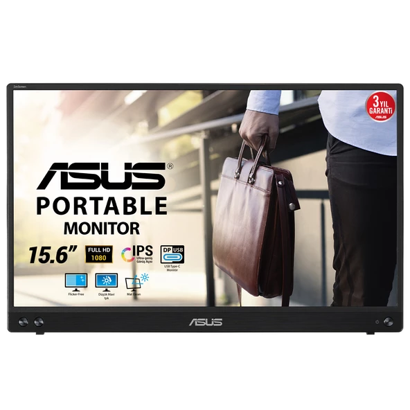 ASUS ZENSCREEN MB16ACV 15.6 IPS 1920x1080 5MS USB-C 3YIL MAT EKRAN, USB-C to A ADAPTOR, DUSUK MAVI ISIK, ANTIBAKTERİYAL KAPLAMA TASINABILIR USB MONITOR