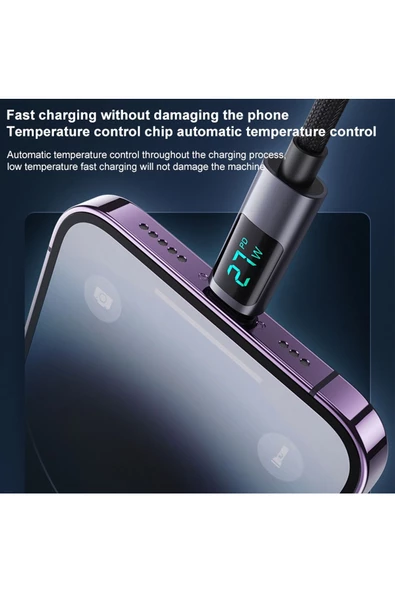 iPhone Lightning Hızlı Şarj Kablosu iPhone 14 13 12 11 Uyumlu Hızlı 27W Led Göstergeli 120cm - Resim 4