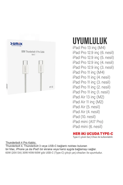 iPad mini A17 Pro - iPad Mini 6. Nesil Tablet Şarj Kablosu Type-C Thunderbolt 4 60W - Resim 3