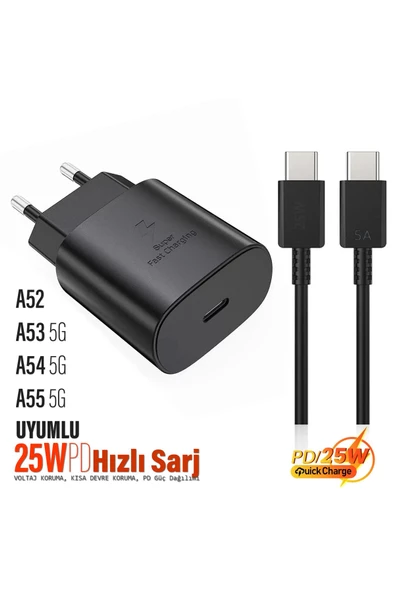 Samsung A52 - A53 5G - A54 5G - A55 5G Uyumlu Şarj Aleti 25W HIZLI ve 5A Şarj Kablosu