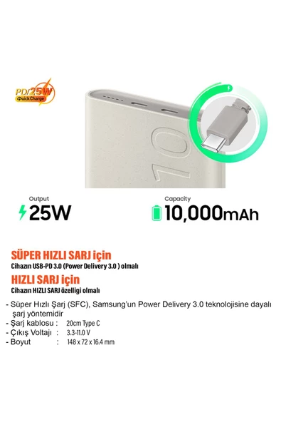 Samsung Kablosuz Powerbank 10000mAh 25W Süper Hızlı Şarj Samsung EB-U2510x Samsung Türkiye Garantili - 3
