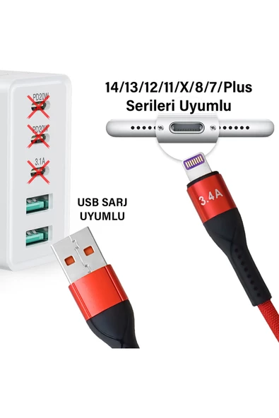 iPhone USB Lightning Şarj Kablosu iPhone 14 13 12 11 Uyumlu Hızlı Şarj Kablosu Lightning 3.4A HIZLI