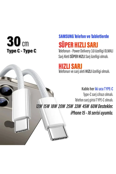 Kısa 30cm TYPE C Şarj Kablosu 60W HIZLI Type-C Girişli Samsung Telefon Uyumlu Type C to Type C - 2