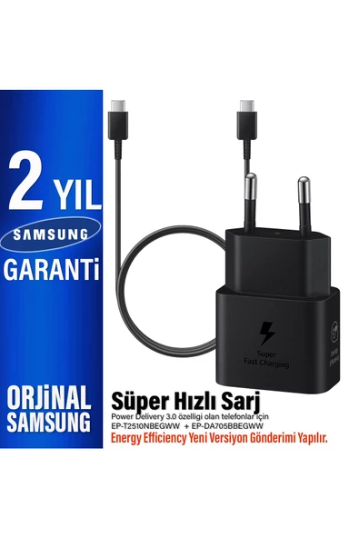 Samsung Şarj Aleti ve TYPE C Kablosu 25W Süper Hızlı Type-C Şarj Adaptörü ve Kablo Samsung T2510 DA705