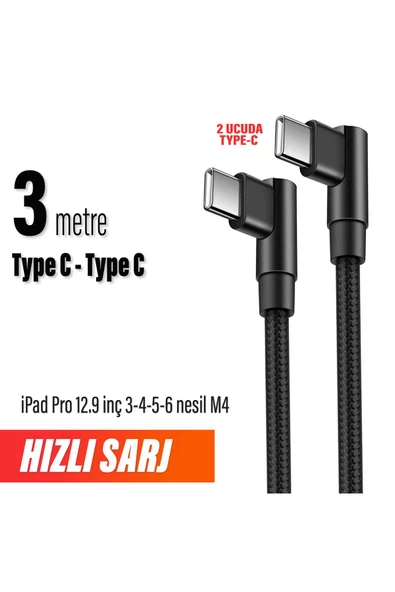 iPad Pro 12.9 inç 3 - 4 - 5 - 6 nesil Şarj Kablosu Uzun 3 metre Type C to Type C Hızlı Şarj Kablo 3m