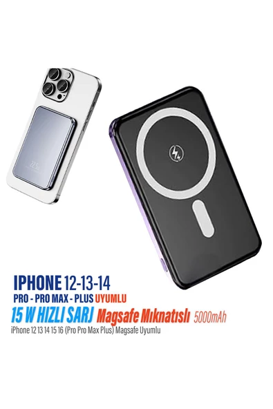 iPhone 12 13 14 Uyumlu 15W Hızlı Şarj Magsafe Powerbank 5000 Mah Kablosuz Mıknatıslı