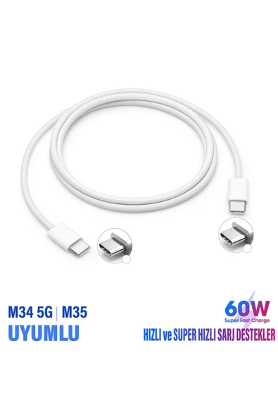 . M34 5G - M35 25W HIZLI Şarj Kablosu Type-C den Type-C ye 60w