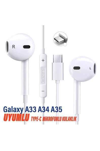 Samsung Galaxy A33 A34 A35 Uyumlu Type C Kulaklık Mikrofonlu Beyaz
