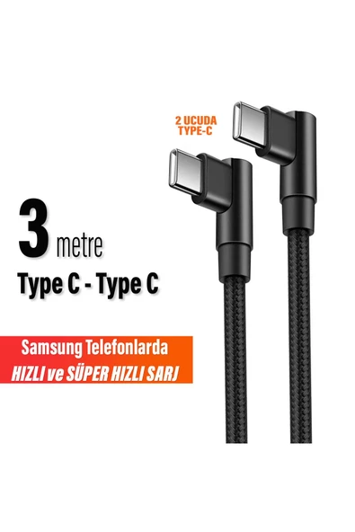 3 Metre TYPE-C Şarj Kablosu HIZLI Şarj Samsung Uyumlu Type c to Type C Uzun ürün görseli