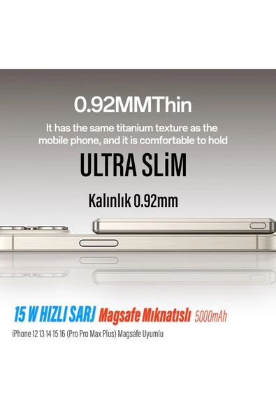 iPhone 12 13 14 Uyumlu 15W Hızlı Şarj Magsafe Powerbank 5000 Mah Kablosuz Ultra İnce Mıknatıslı - 5