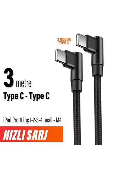 iPad Pro 11 inç 1-2-3-4 nesil M4 Şarj Kablosu Uzun 3 metre Type C to Type C Hızlı Şarj Kablosu