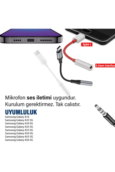 Samsung A53 A54 A55 A56 Type C 3.5mm Çevirici Jack Aparat Kulaklık Dönüştürücü Type-C - 3