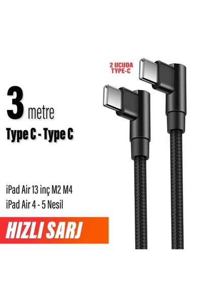 iPad Air 13 inç M2 M4 iPad Air 4 - 5 Nesil Şarj Kablosu Uzun 3 metre Type C to Type C Hızlı Şarj