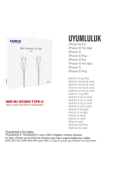 iPhone 16-16 Plus  16 Pro-16 Pro Max Type-C Şarj Kablosu Thunderbolt 4 (USB-C) HIZLI 60W - Resim 2