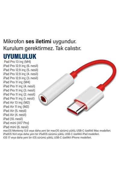 iPad 12.9inç 3. 4. 5. 6. nesil Uyumlu Kulaklık Dönüştürücüsü Type-C Çevirici Aparat - 2