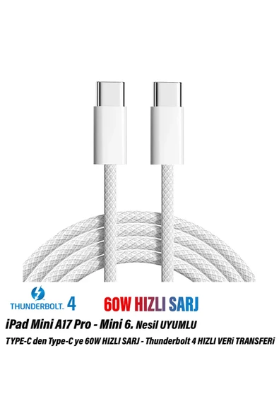 iPad mini A17 Pro - iPad Mini 6. Nesil Tablet Şarj Kablosu Type-C Thunderbolt 4 60W