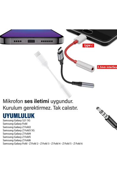 Samsung Fold Z Fold2 Z Fold3 Z Fold4 Z Fold5 Z Fold 6 3.5mm Type-C Jack Çevirici Kulaklık Dönüştürücü - 3