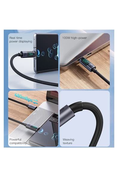 100W Type C to Type C Hızlı Şarj Kablosu 120cm Led Göstergeli 120cm 100W HIZLI - Resim 3