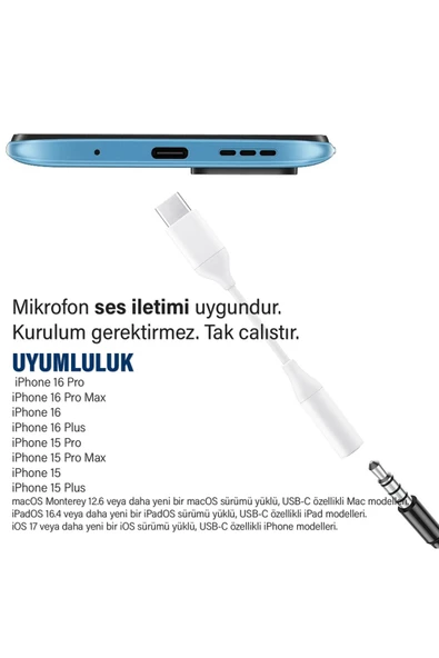 iPhone 16-16 PLUS-16 PRO- 16 PRO MAX Kulaklık Dönüştürücüsü Type-C Çevirici Aparat - 2