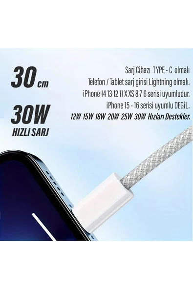 Kısa 30cm iPhone Şarj Kablosu TYPE C Lightning HIZLI iPhone 14 13 12 11 Uyumlu - Resim 3