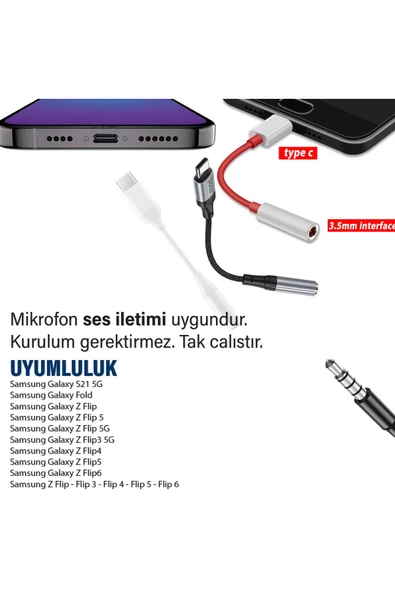 Samsung ZFlip-ZFlip3-ZFlip4-ZFlip5-ZFlip6 3.5mm Jack Aparat Çevirici Kulaklık Dönüştürücü Type-c - Resim 3