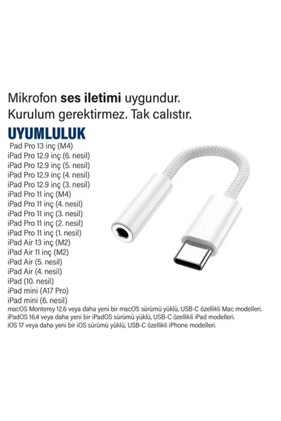 iPad 12.9inç 3. 4. 5. 6. nesil Uyumlu Kulaklık Dönüştürücüsü Type-C Çevirici Aparat - 2