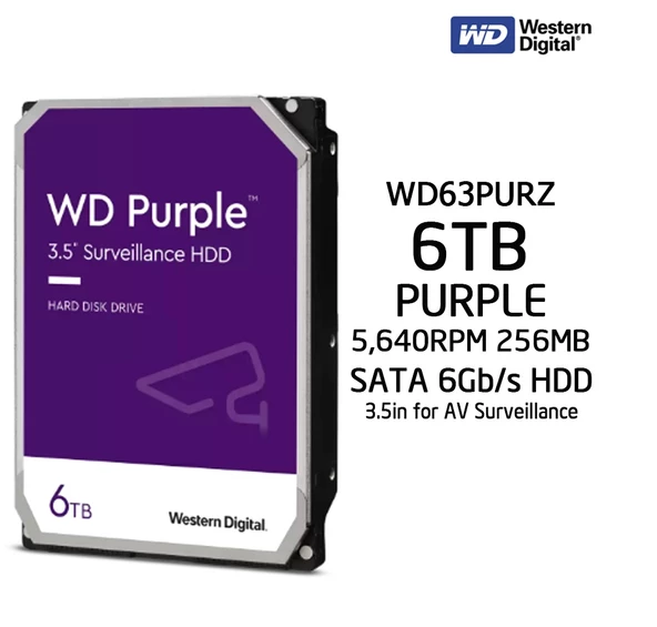 6TB 7/24 Disk WD PURPLE 3,5 256MB 5400Rpm WD63PURZ SATA 3, 7/24, 6Gb/s,RAID, Güvenlik Diski (HardDisk, HDD) - 2