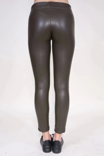 Kadın Haki Içi Polarlı Yüksek Bel Deri Görünümlü Tayt - Resim 5