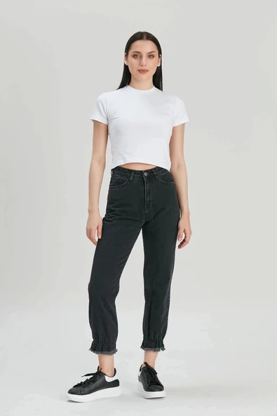 Kadın Füme Mom Jeans Püsküllü Lastik Paça