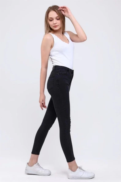 Kadın Dar Paça Yüksek Bel Jean Füme - Resim 5