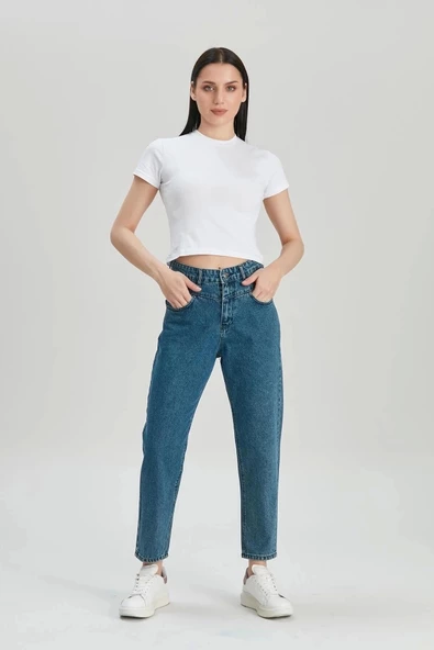 Kadın Koyu Mavi Yüksek Bel Mom Jeans