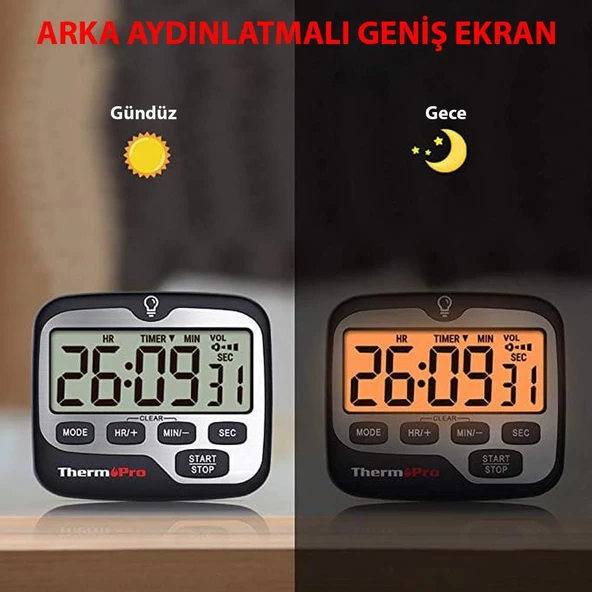 ThermoPro TM01 Mutfak,Spor, Ders Alarmlı Kronometre, Geri Sayım Sayacı ve Dijital Saat - 2 Adet - 4