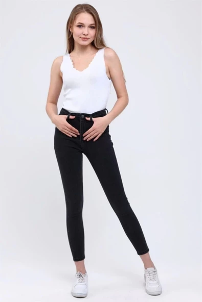 Kadın Dar Paça Yüksek Bel Jean Füme - Resim 3